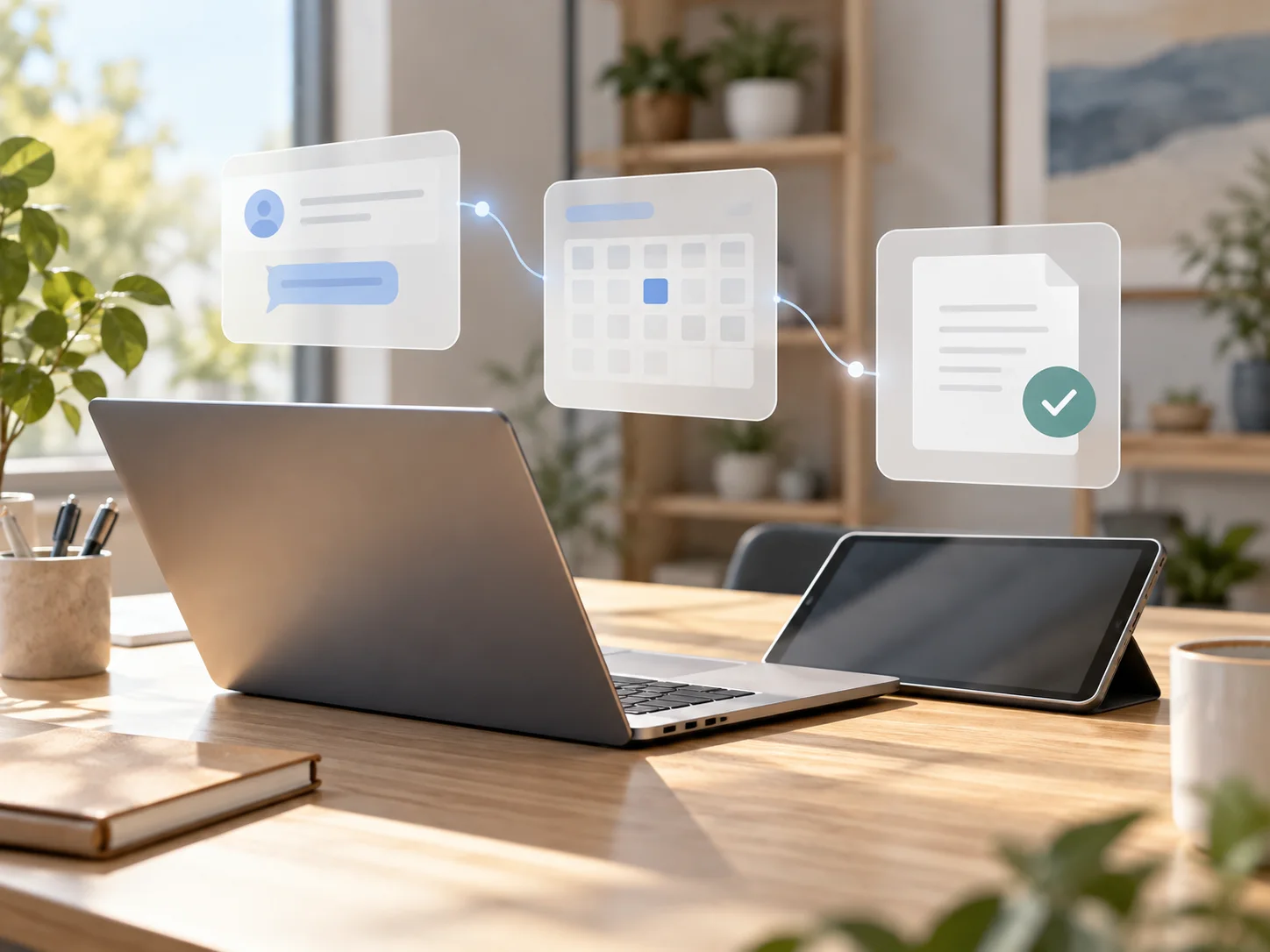 Illustration: messages, calendar and documents connected in one workflow